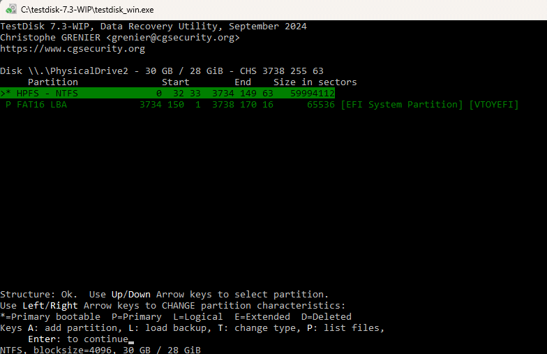 Risultato scansione partizioni con TestDisk