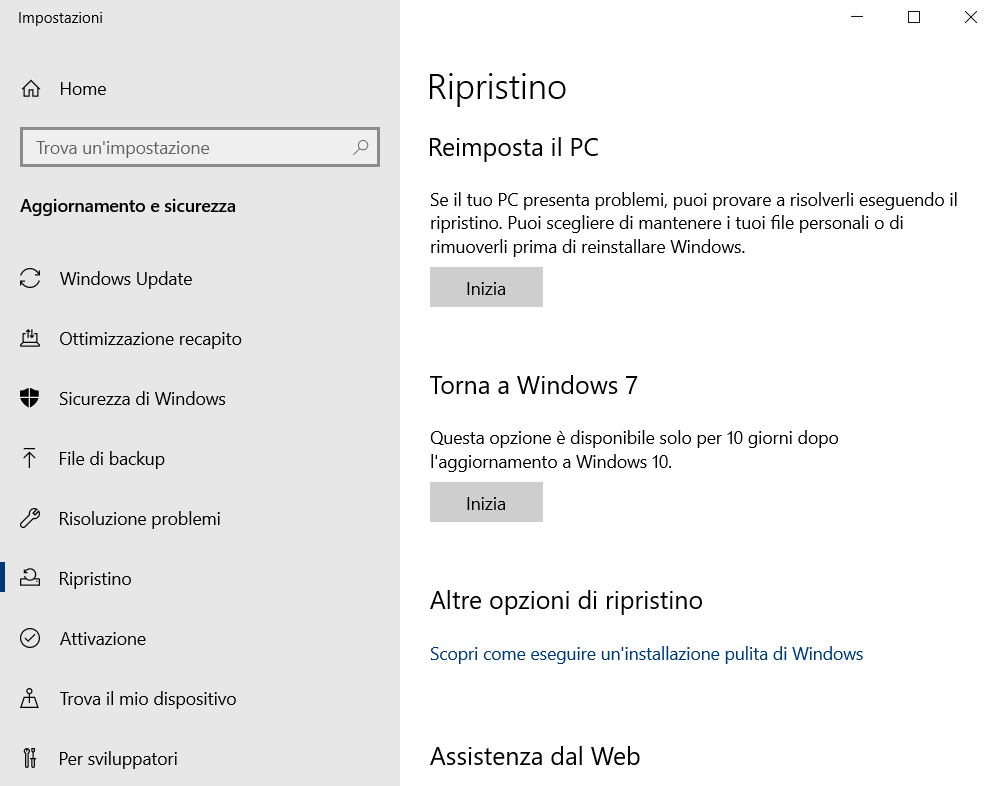 Ripristino Windows 7 da Windows 10