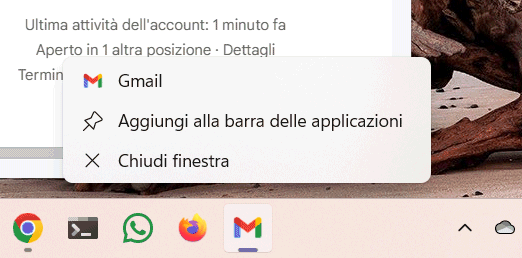 App Gmail nella barra delle applicazioni Windows