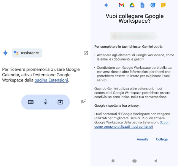 Estensioni Gemini collegamento Workspace