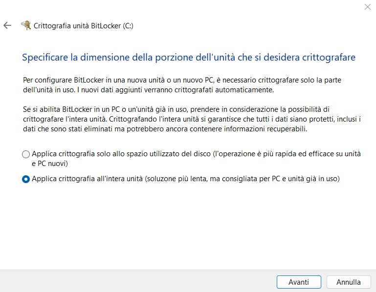 Abilitazione crittografia unità sistema Windows