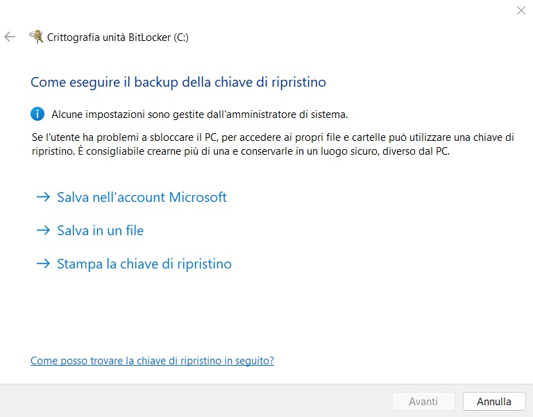 Backup chiave di ripristino BitLocker