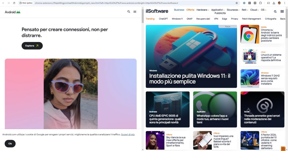 Dividere schermo di Chrome e affiancare pagine Web