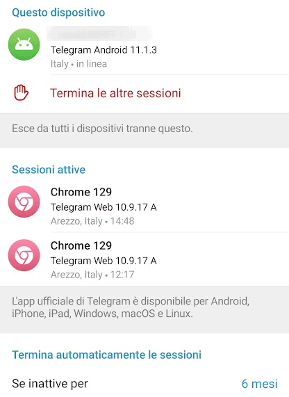 Sessioni attive Telegram Web