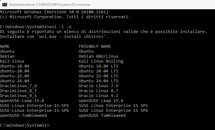 Lista distribuzioni Linux per installazione in Windows con WSL