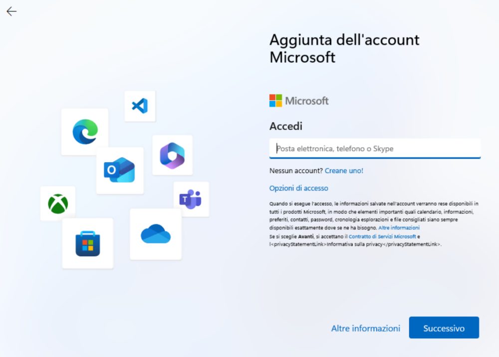 Account Microsoft installazione Windows 11