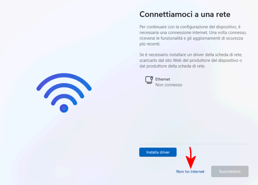 Disattivare connessione Internet setup Windows 11