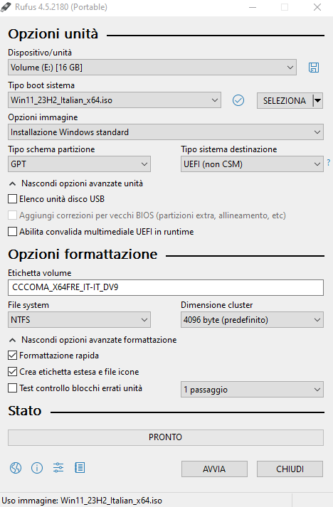 Opzioni principali interfaccia Rufus