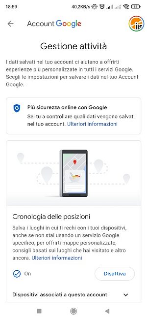 Impostazioni Google Android: cronologia delle posizioni