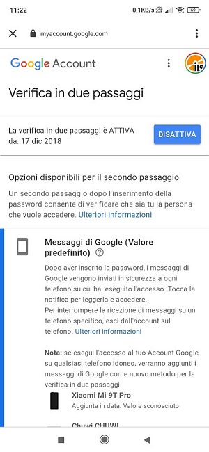 Impostazione verifica in due passaggi Google