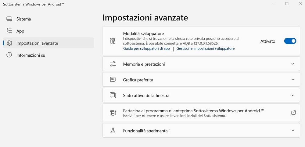 Modalità sviluppatore Android WSA Windows 11