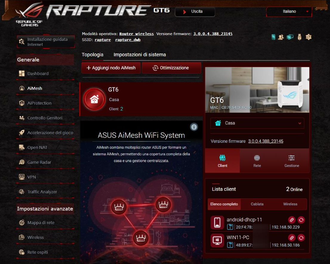 ASUS ROG Rapture GT6: interfaccia principale Web