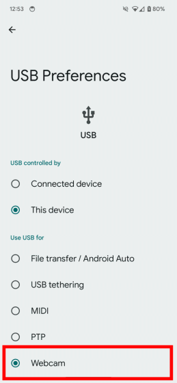Android 14 come Webcam USB