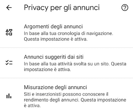 Argomenti annunci privacy Chrome per Android