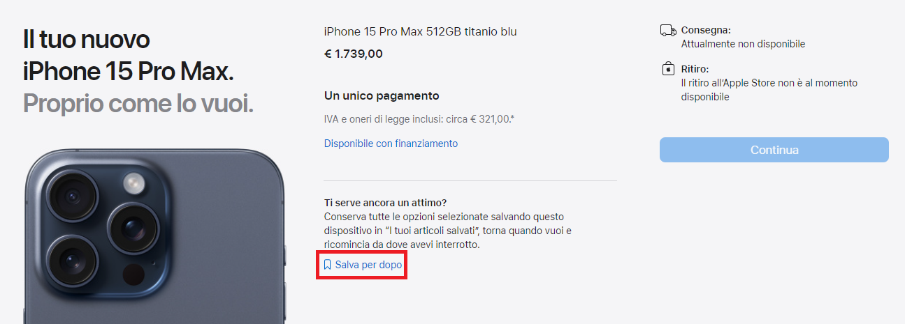 iPhone 15 Pro Max - Salva per dopo - Acquisto sito Apple