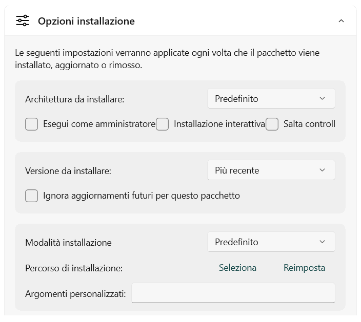 Opzioni installazione UniGetUI