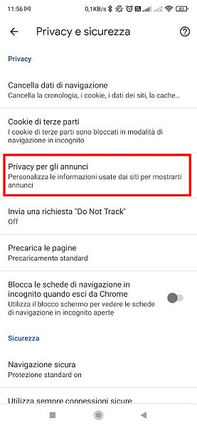 Configurazione privacy annunci Android