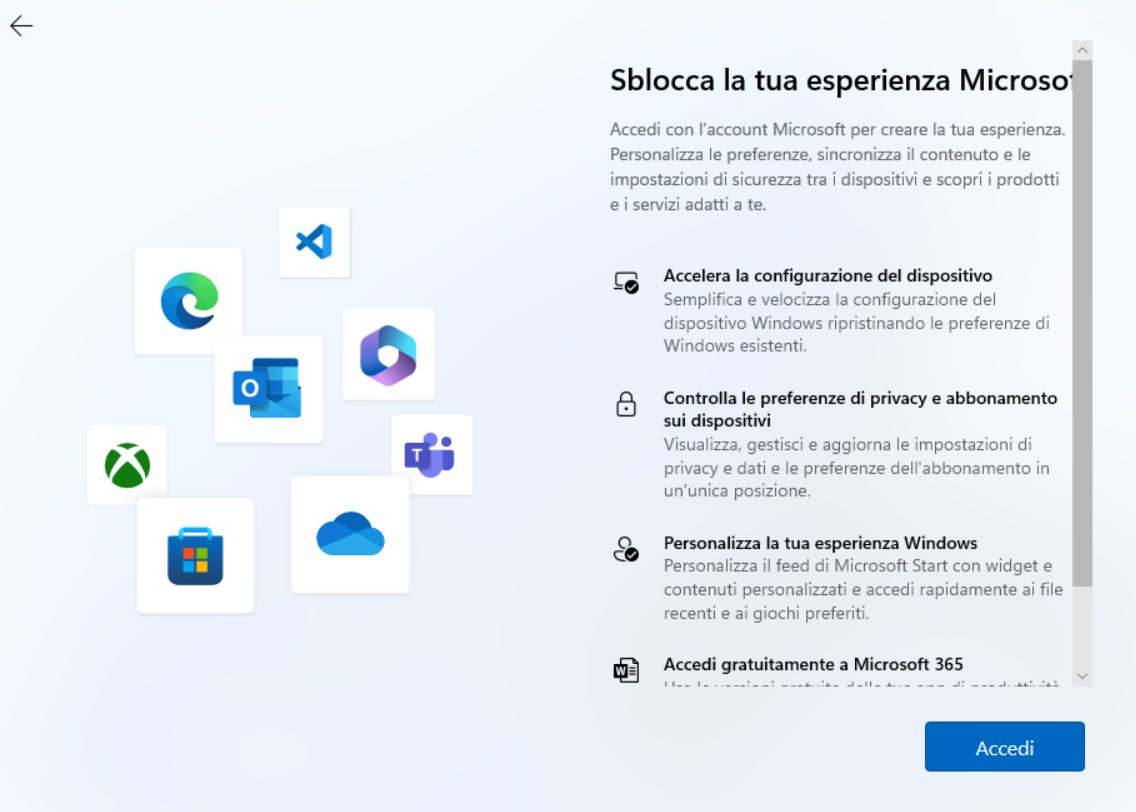 Accesso Windows 11 con account Microsoft OOBE