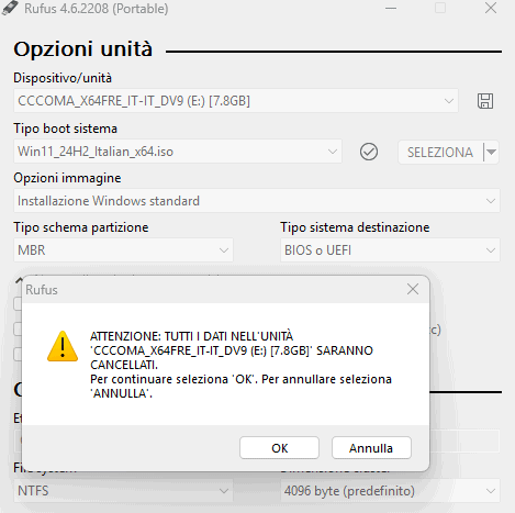 Cancellazione dati chiavetta USB Rufus