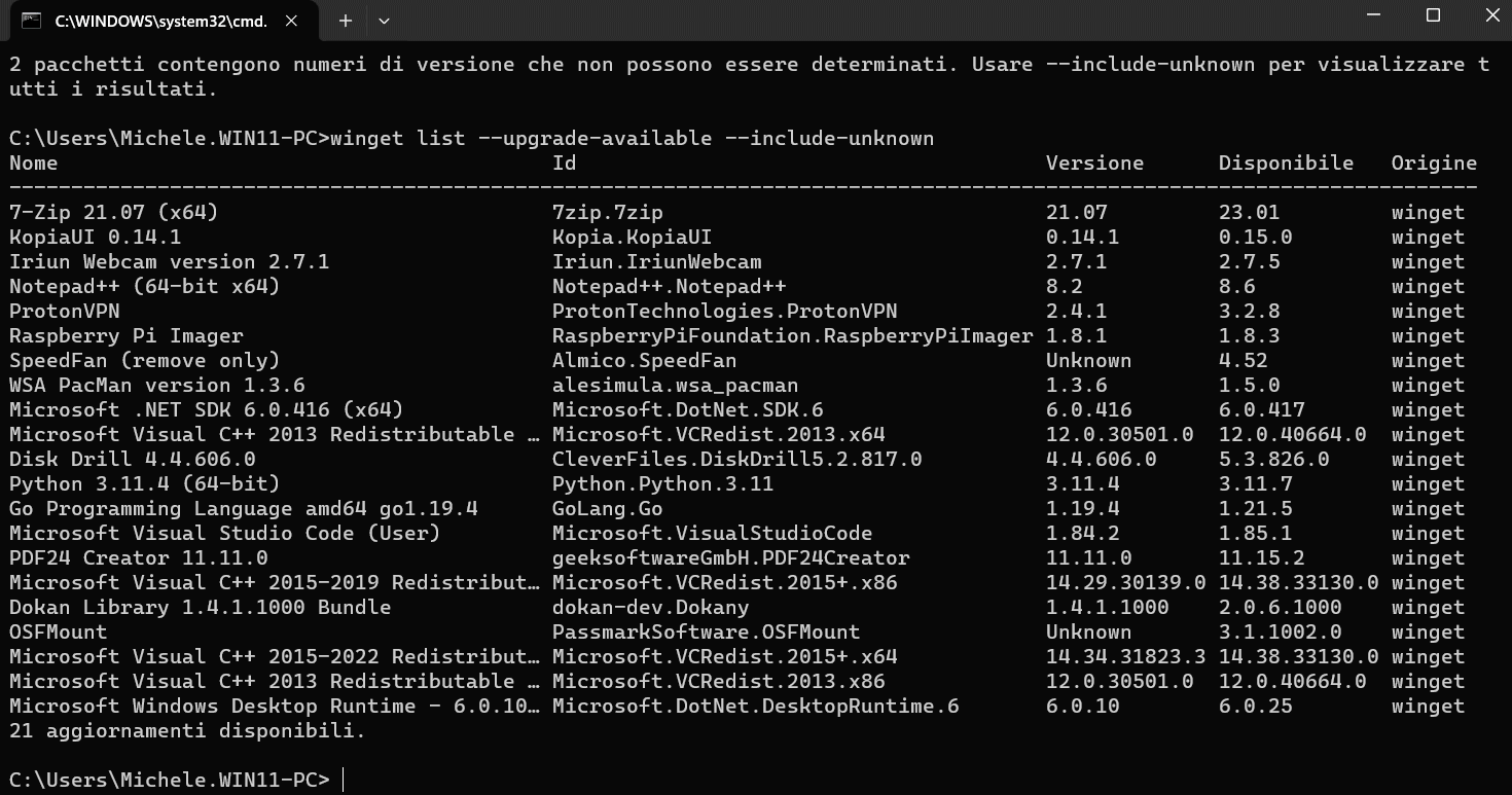 Aggiornare programmi da terminale in Windows