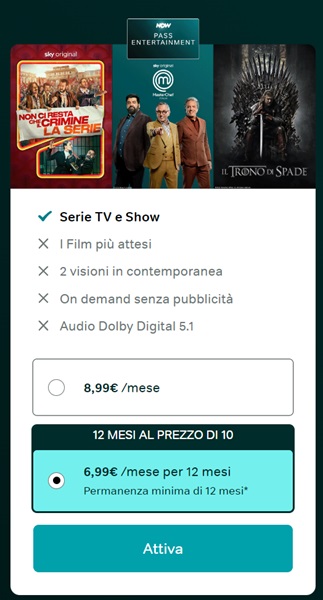 now pass entertainment 6,99 euro al mese