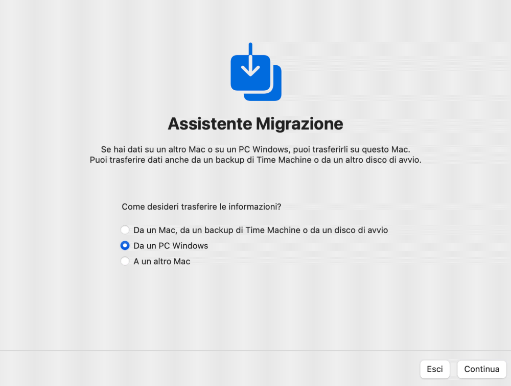 Assistente migrazione dati da Windows a macOS