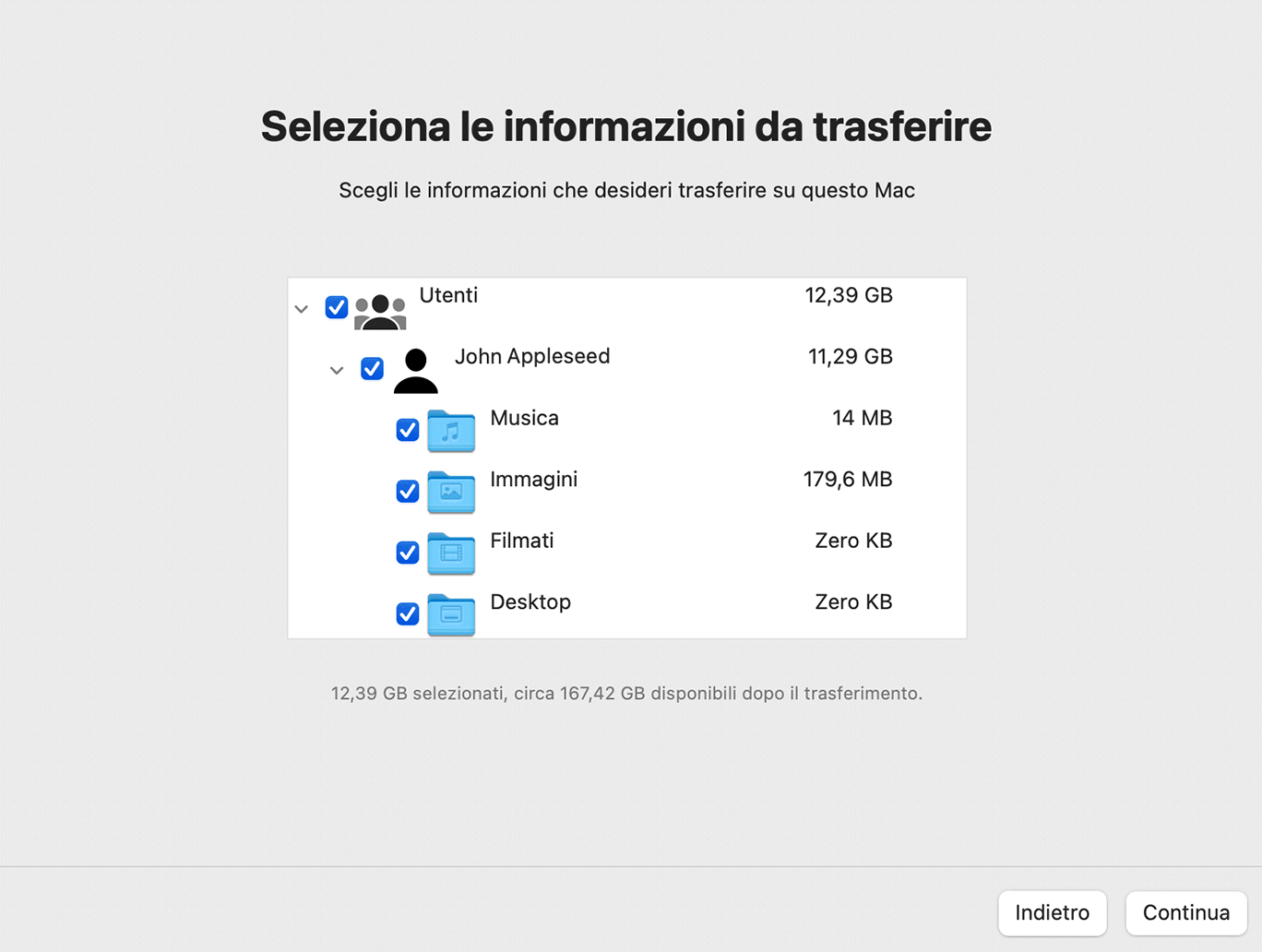 Selezione dati Windows da trasferire su macOS