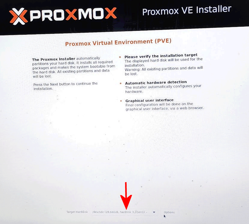 Destinazione installazione Proxmox