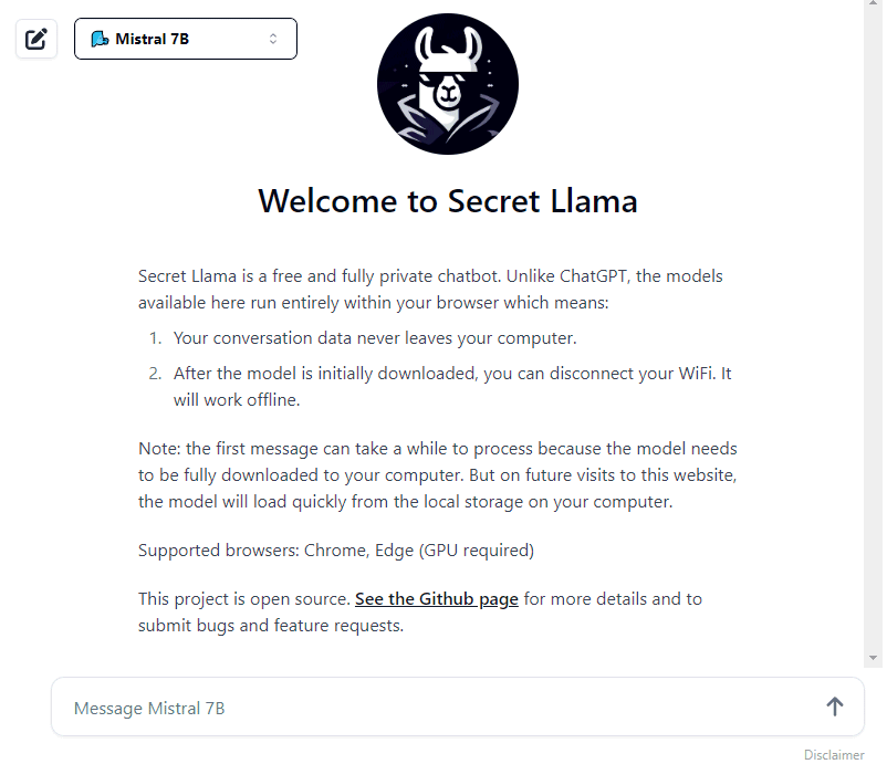 Secret Llama, chatbot browser Web locale IA
