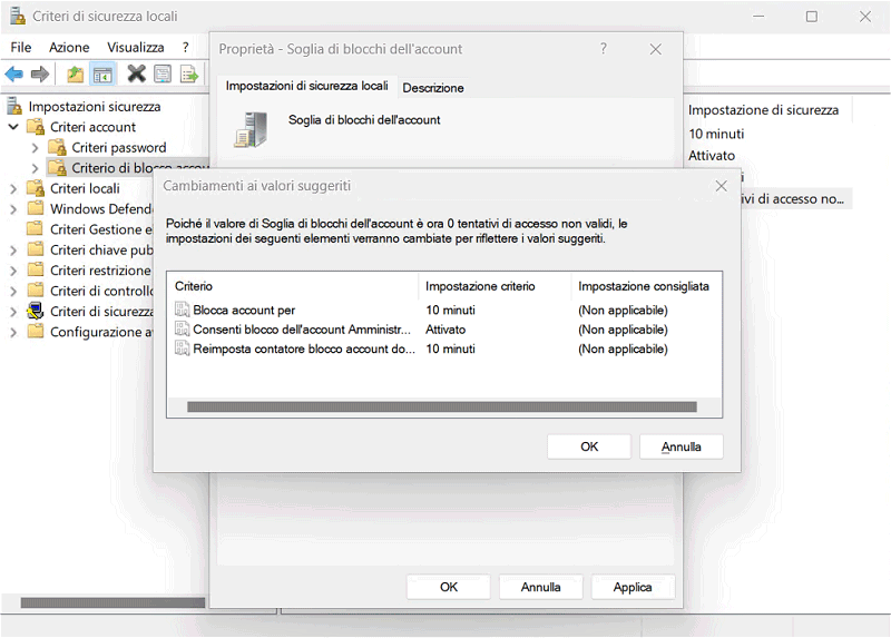 Disattivare blocco account Windows per password sbagliata