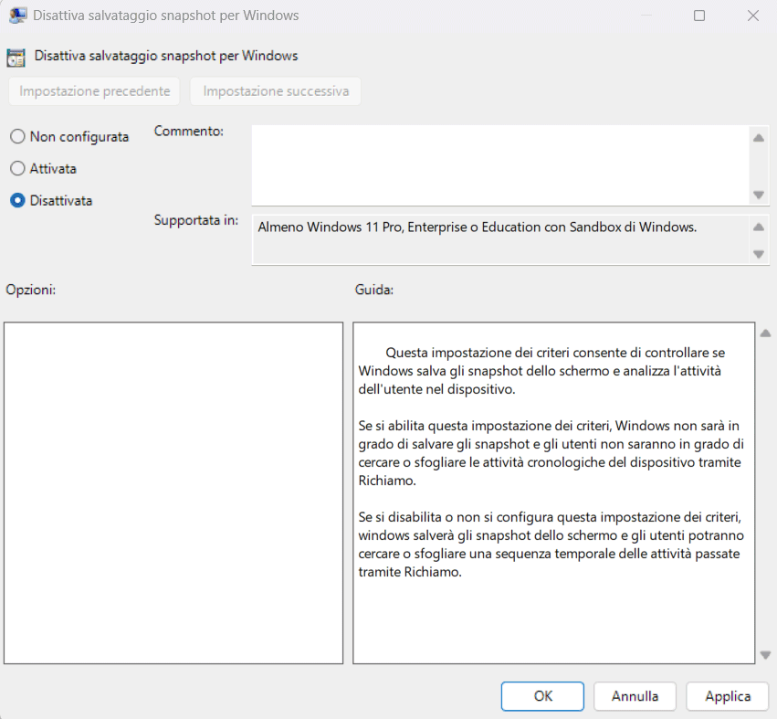 Disattivare Recall Windows 11