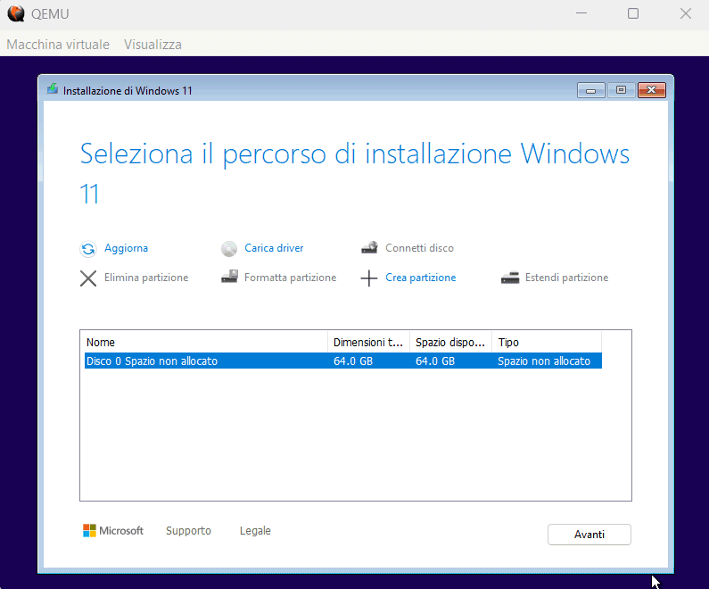 Selezione unità installazione WoA