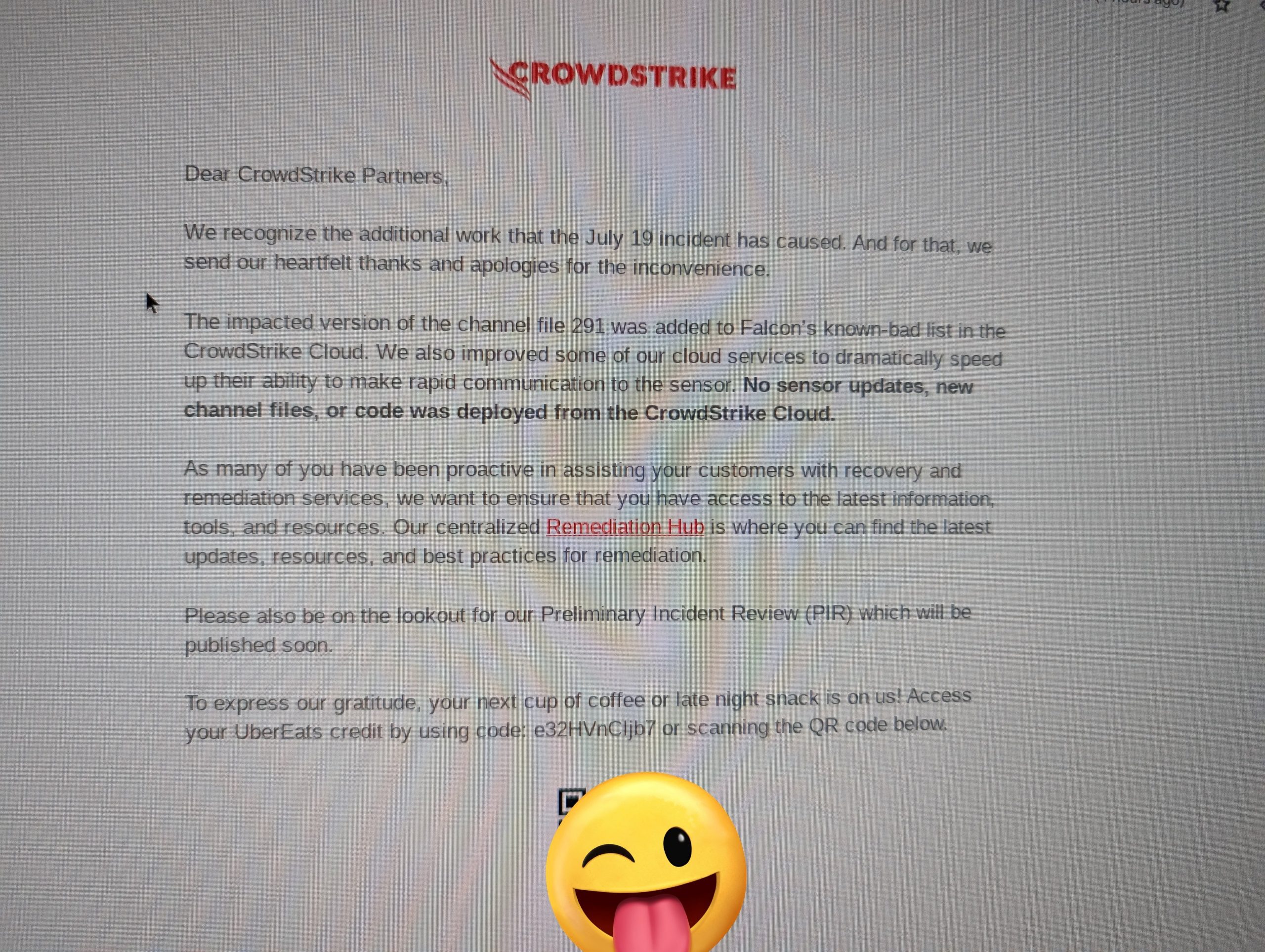 Lettera scuse CrowdStrike con gift card Uber Eats