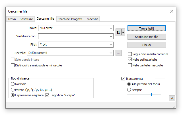 Cercare nei file con Notepad++