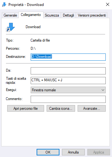 Scorciatoia apertura cartella Download Windows