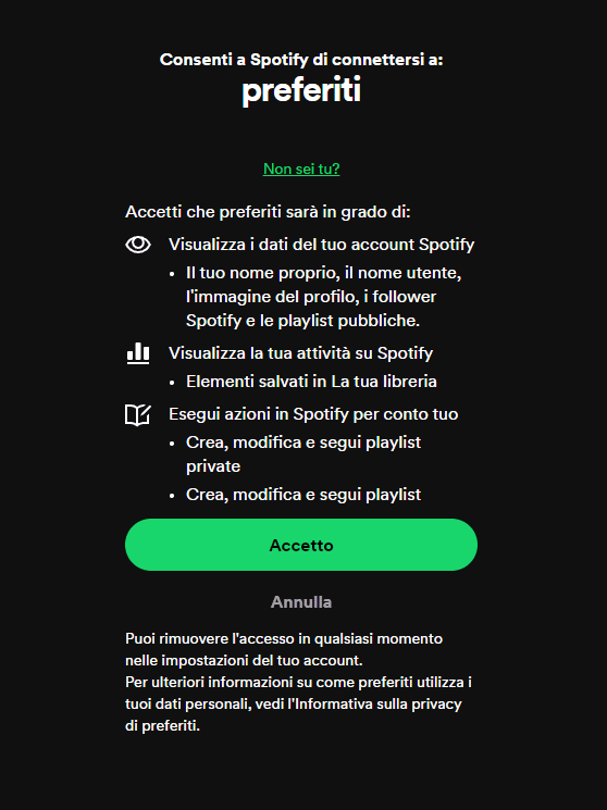 Autorizzazione accesso lista brani musicali Spotify