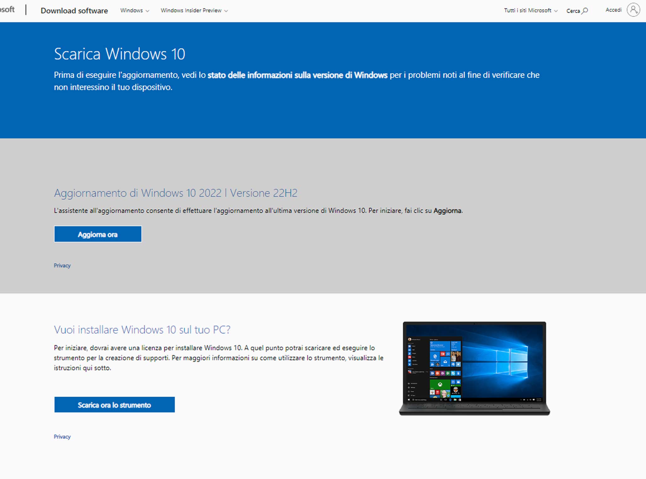 Schermata download Windows 10 Pro