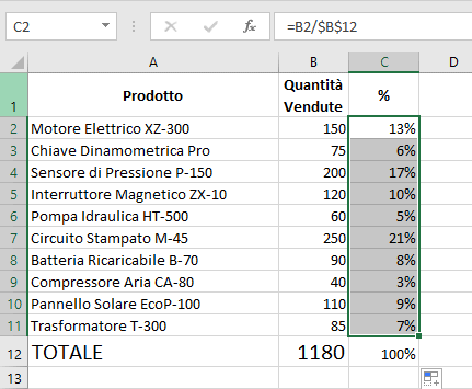 Applicare formula percentuale celle verticali Excel