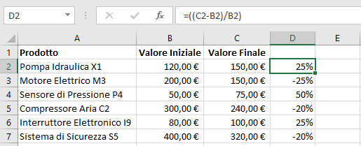 Calcolo aumento riduzione percentuale Excel