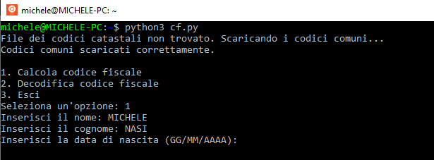 Calcolo codice fiscale con Python in locale