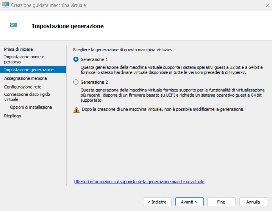 Creazione macchina virtuale Hyper-V generazione