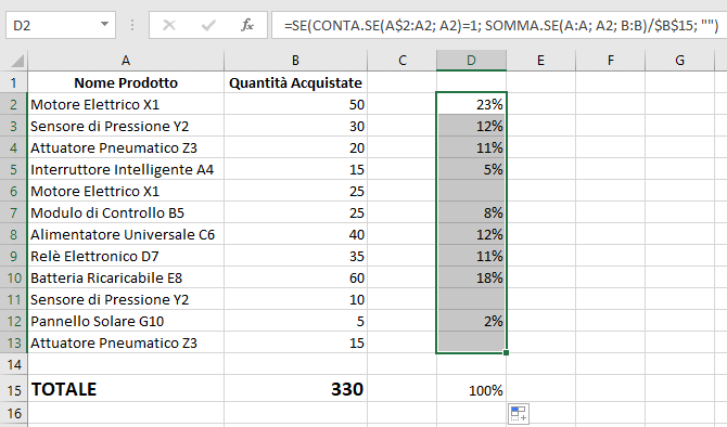 Escludere doppioni formula calcolo percentuale Excel