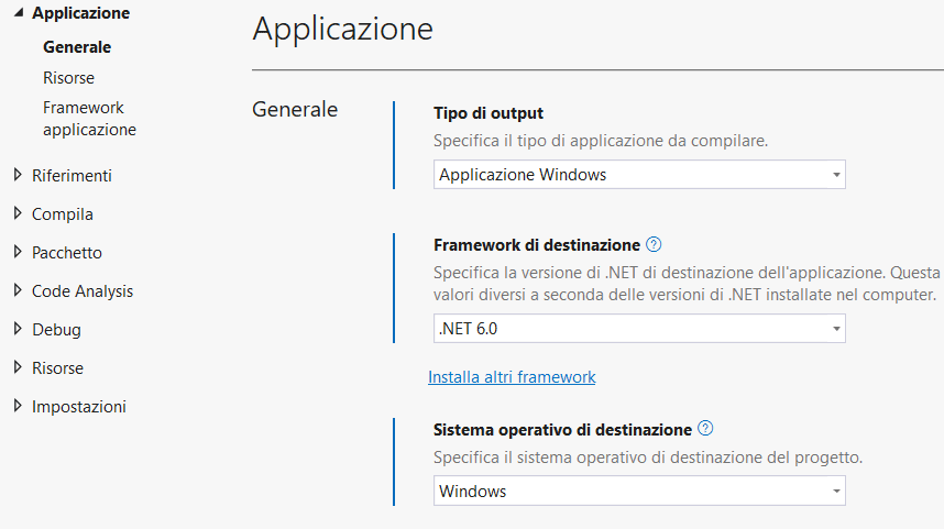 Impostazione framework destinazione Visual Studio