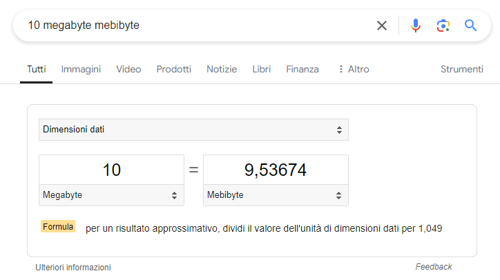 Convertire megabyte in mebyte con Google Search