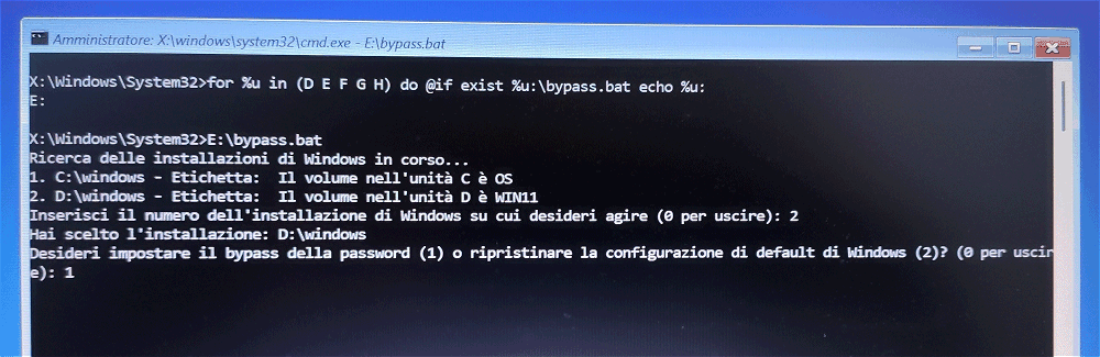 Impostare bypass password Windows