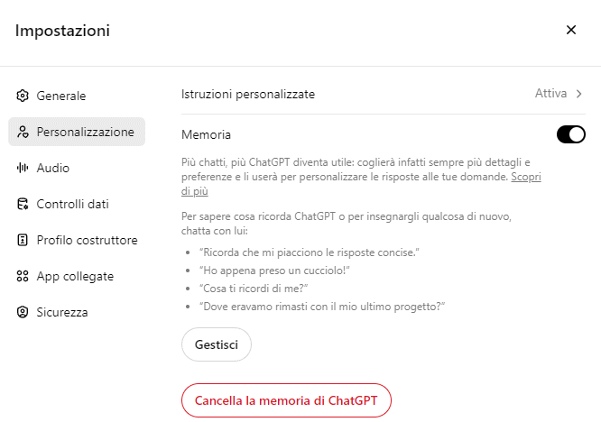 Impostazioni memoria ChatGPT