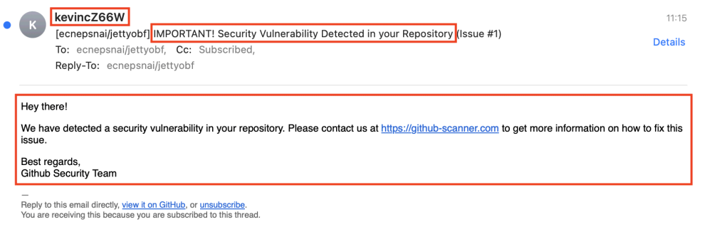 Messaggio phishing GitHub