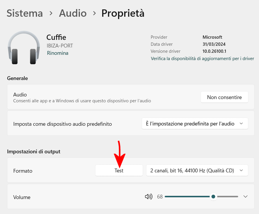 Test speaker Bluetooth impostazioni audio Windows