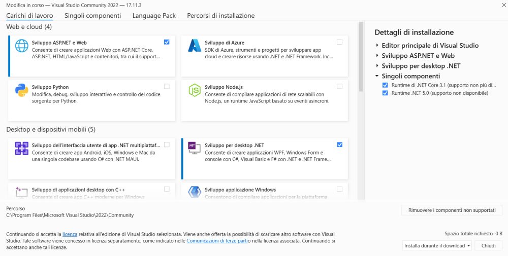 Visual Studio Installer: scelta componenti
