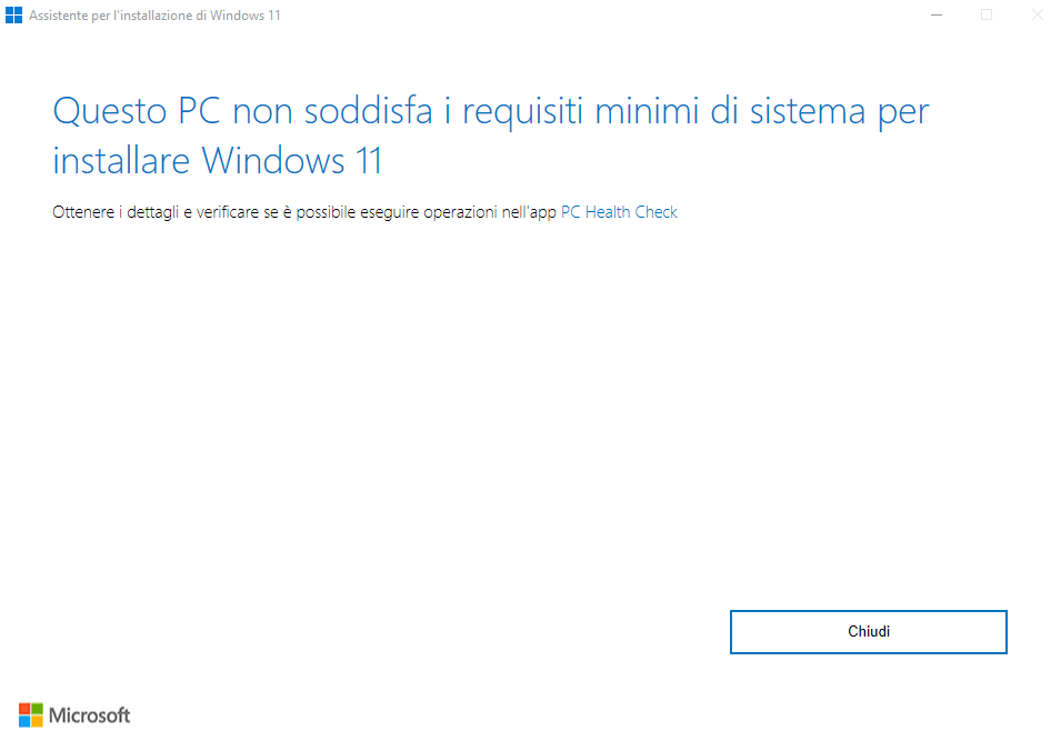 Assistente aggiornamento Windows 11: requisiti non soddisfatti